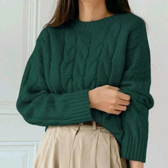 Sweaters - Solid Cable Knit Drop Shoulder Sweater